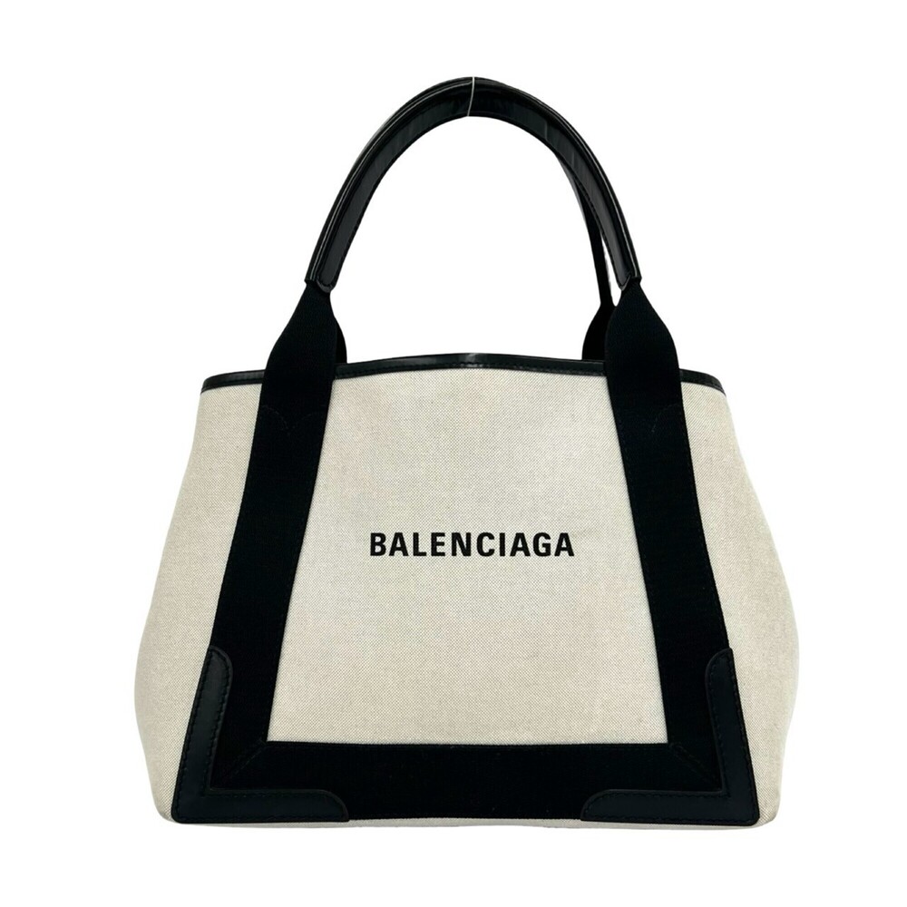 BALENCIAGA Navy Cabas Canvas Leather Genuine Handbag Tote Bag Ivory Black 17909
